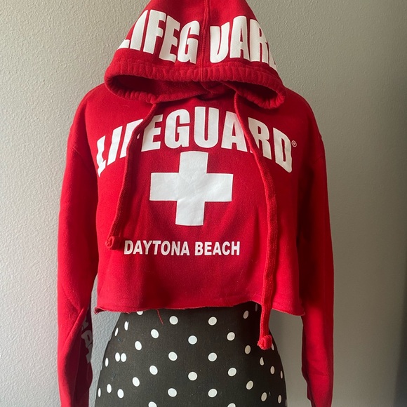 Lifeguard Tops - Red Lifeguard Cropped Hoodie. Daytona Beach. Small.